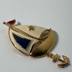 Vintage Avon Nautical Red White Blue Gold Tone Sailboat w/Anchor Brooch/Pin